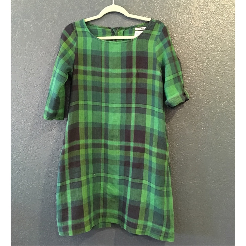 Plaid, heavy linen shift dress, “Global Work”- med